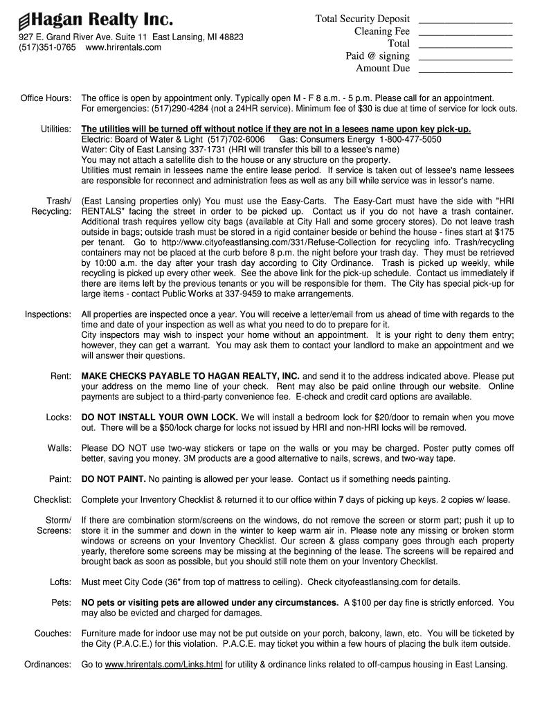 Fillable Online Total Security Deposit Cleaning Fee 927 E. Grand River