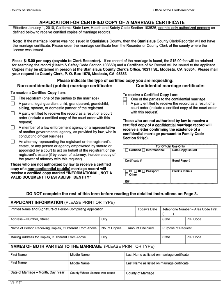 Note: If the marriage license was not issued in Stanislaus County, then the Stanislaus County Clerk  Preview on Page 1