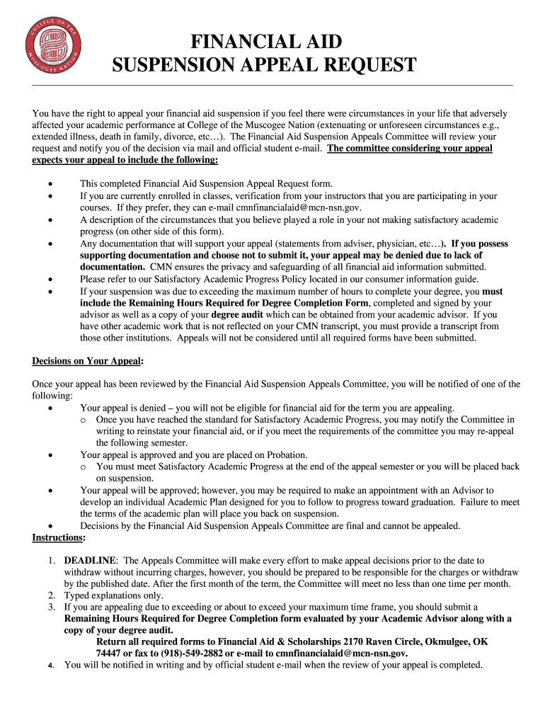 Fillable Online financial aid suspension appeal request College of