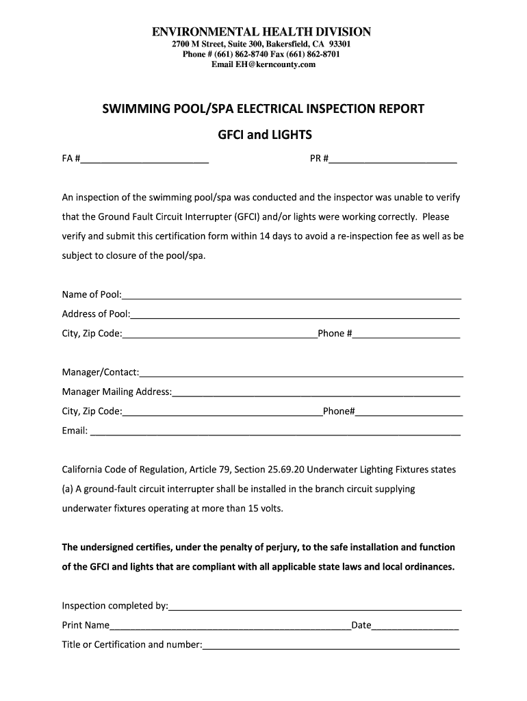 SWIMMING POOL SPA ELECTRICAL INSPECTION REPORT Preview on Page 1