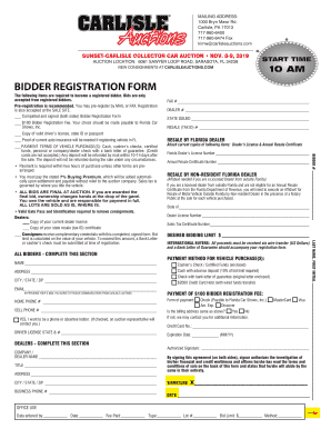 Sunset-Carlisle Collector Car Auction Bidder Registration Form
