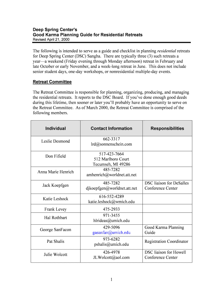 Fillable Online 1 Deep Spring Center's Good Karma Planning Guide for ...