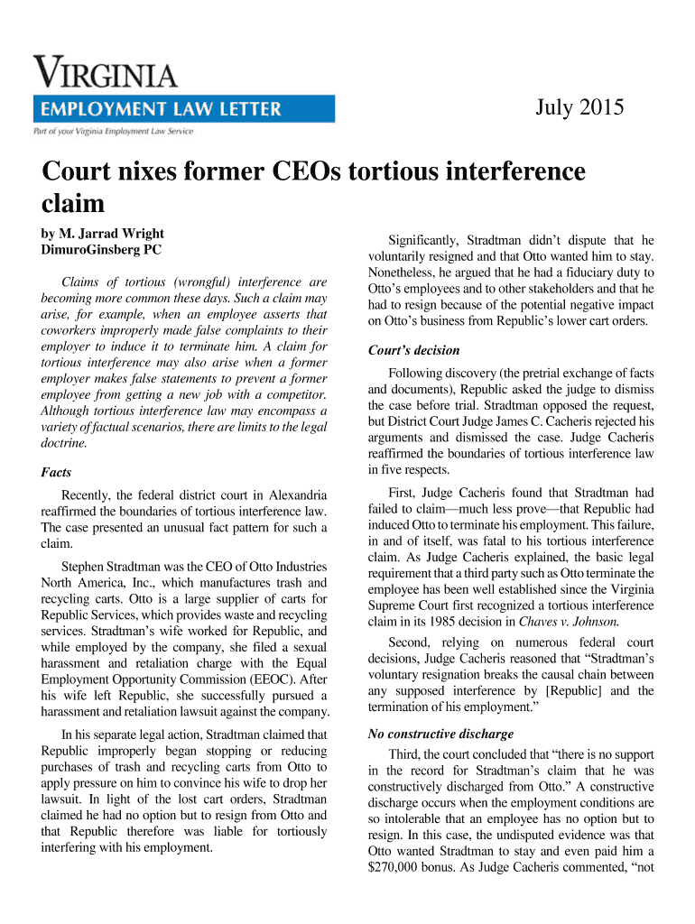 Fillable Online Court nixes CEO's tortious interference claim Fax Email