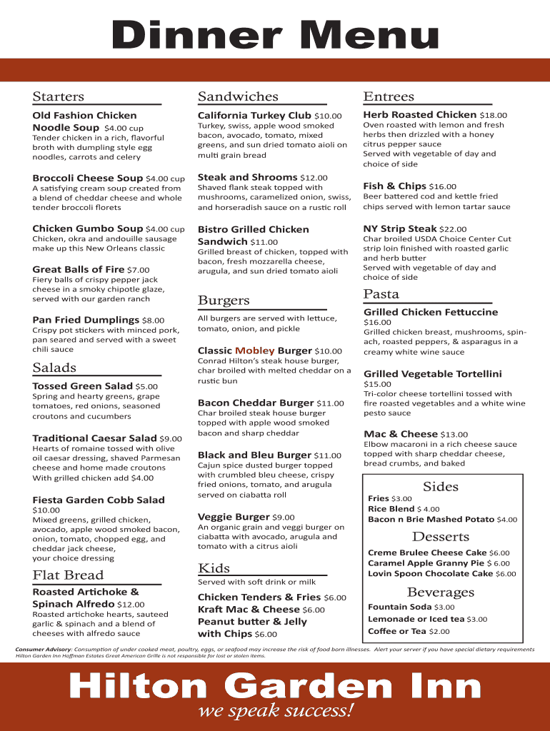 Fillable Online Dinner Menu Hilton Garden Inn Fax Email Print pdfFiller