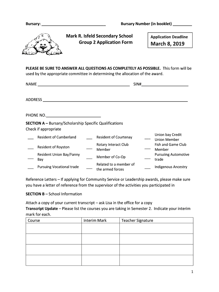 Fillable Online Mark R. Isfeld Secondary School Group 2 Application ...