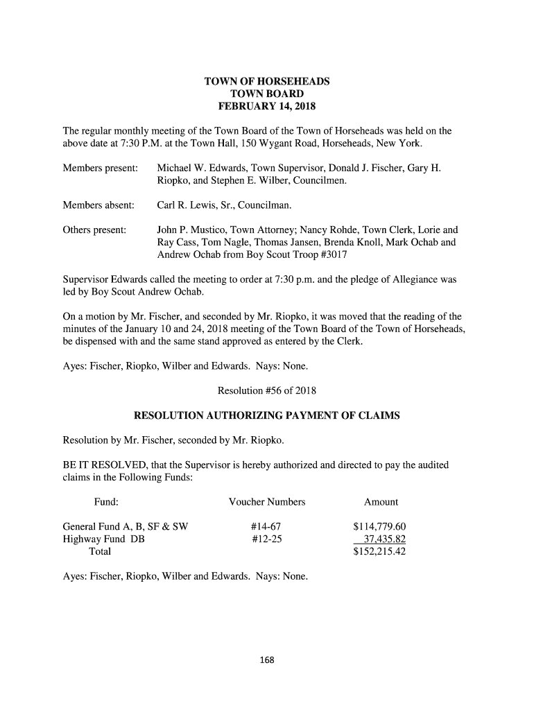 Fillable Online TOWN OF HORSEHEADS TOWN BOARD FEBRUARY 14 Fax Email