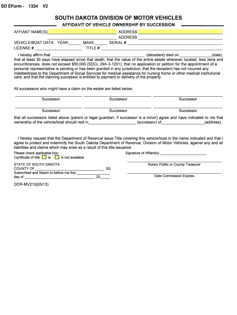 Fillable Online Bill Of Sale Form South Dakota Affidavit Of Vehicle