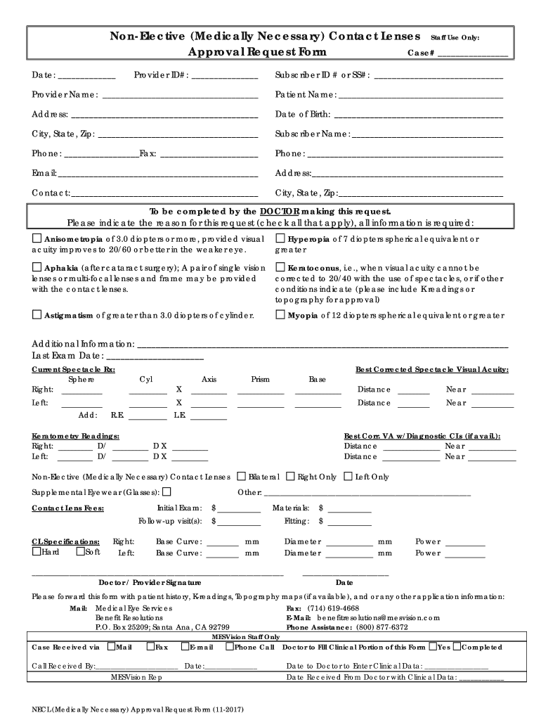 Fillable Online Non Elective Medically Necessary Contact Lens Benefit