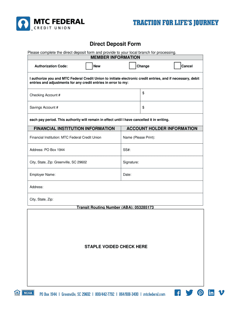 Direct Deposit Form - MTC Federal Credit Union Preview on Page 1