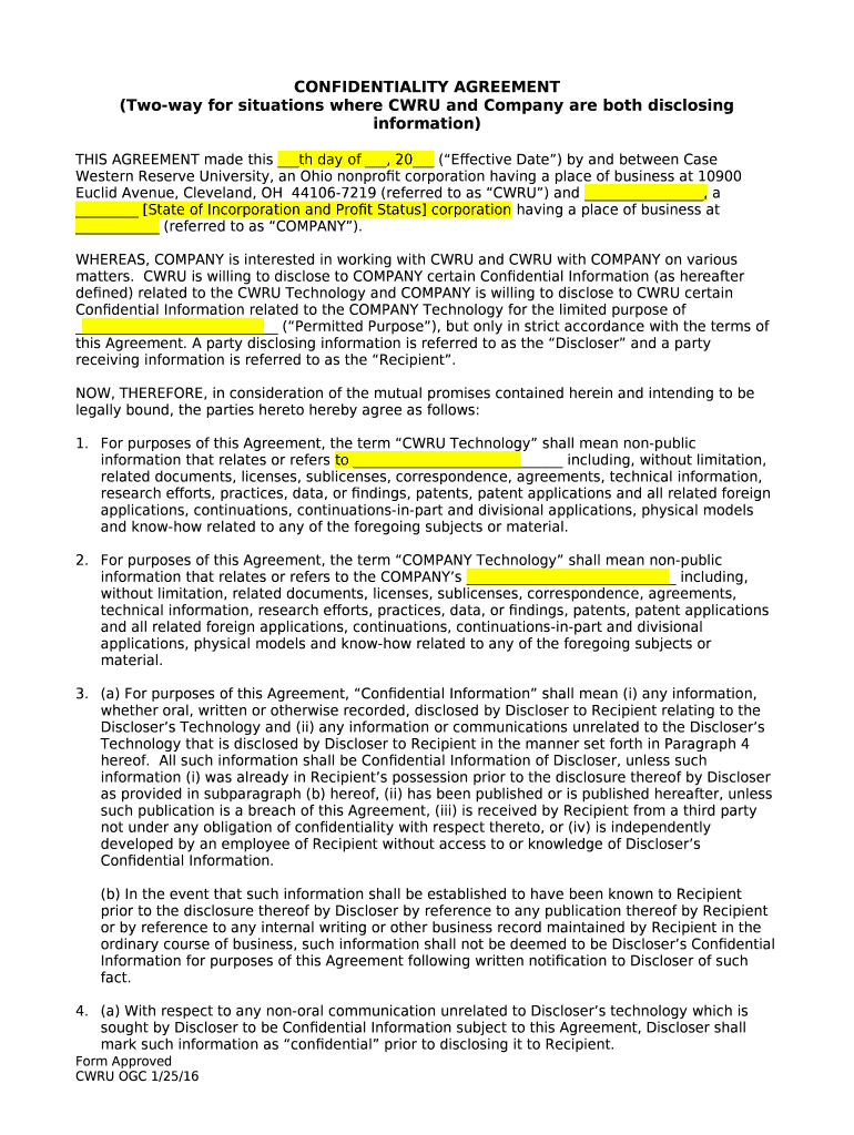 CONFIDENTIALITY AGREEMENT Case Western Reserve Doc Template