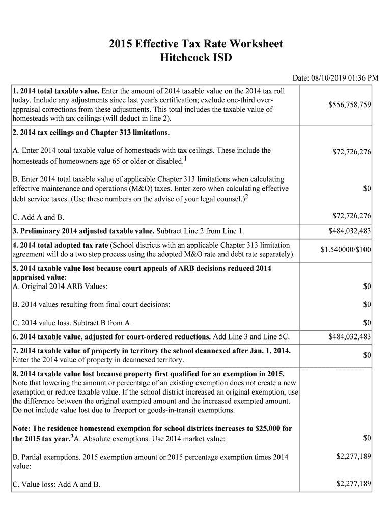 Fillable Online 2015 Effective Tax Rate Worksheet Hitchcock ISD