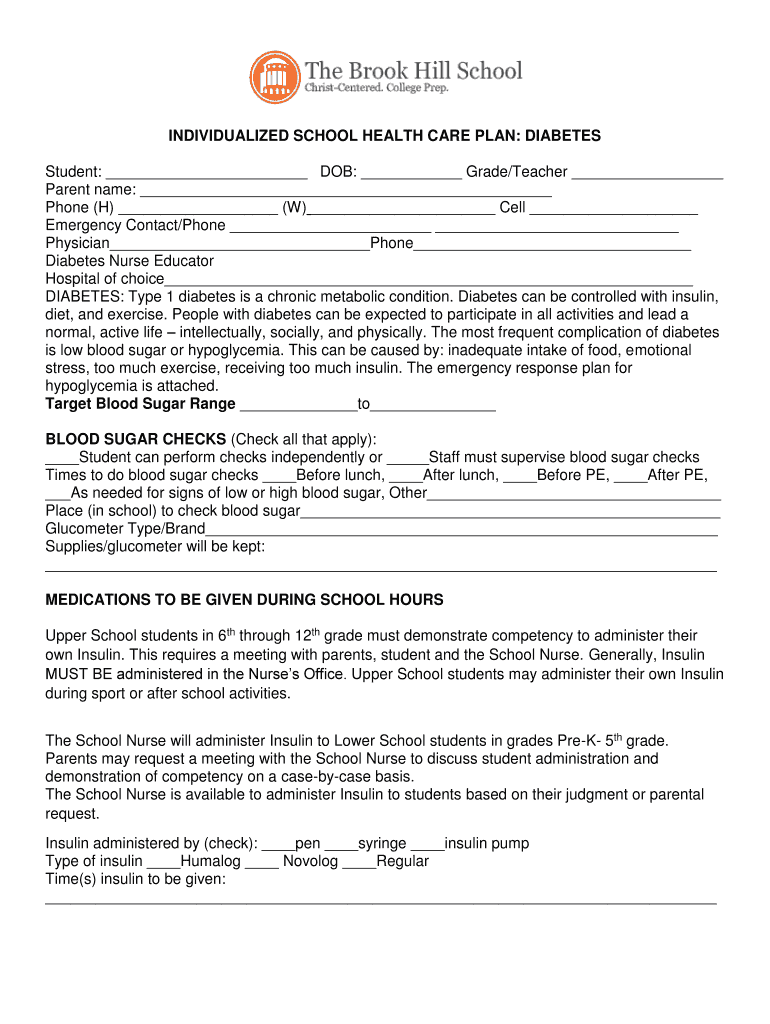 Fillable Online H153 Diabetes INDIVIDUALIZED HEALTH CARE PLAN Fax