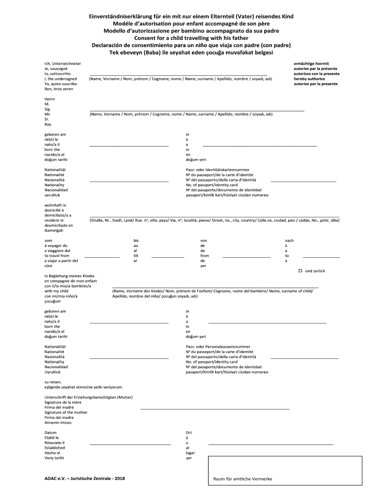 Einverstndniserklrung fr ein mit nur einem Elternteil (Vater) reisendes Kind Preview on Page 1