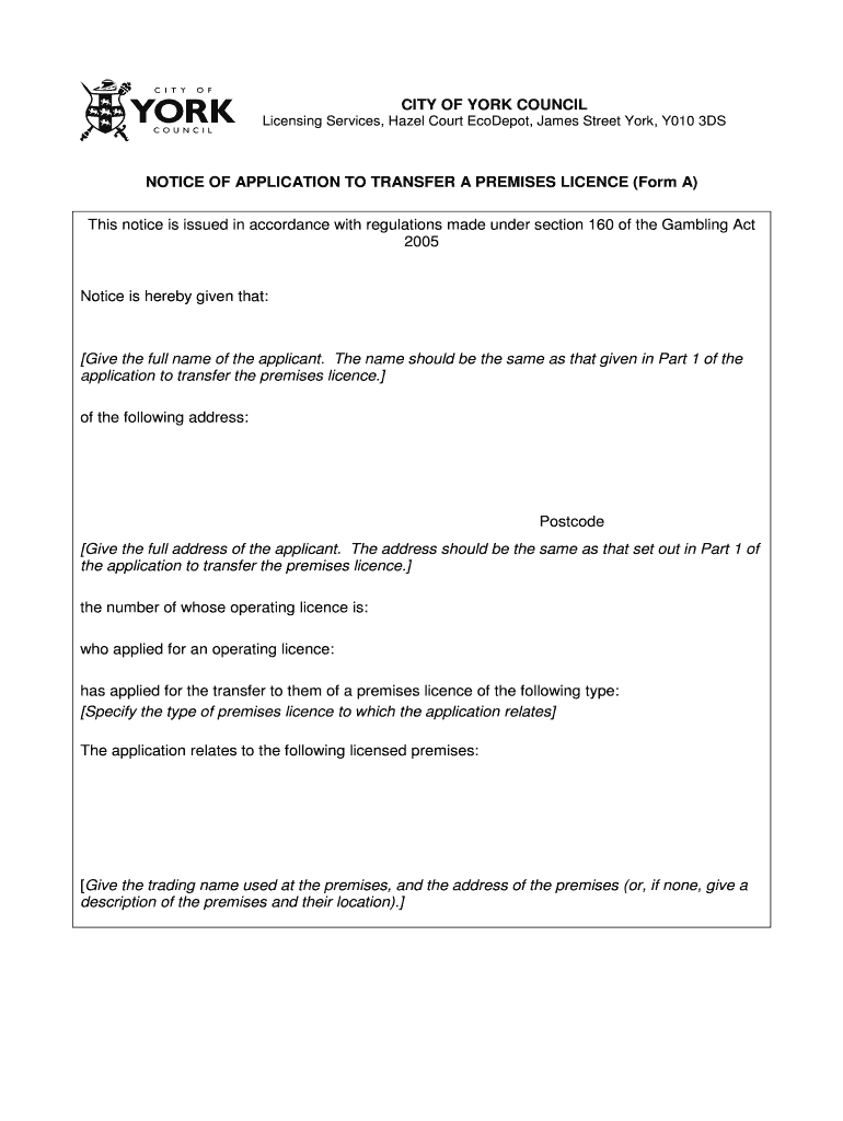 Fillable Online Apply for a premises licence City of York Council Fax