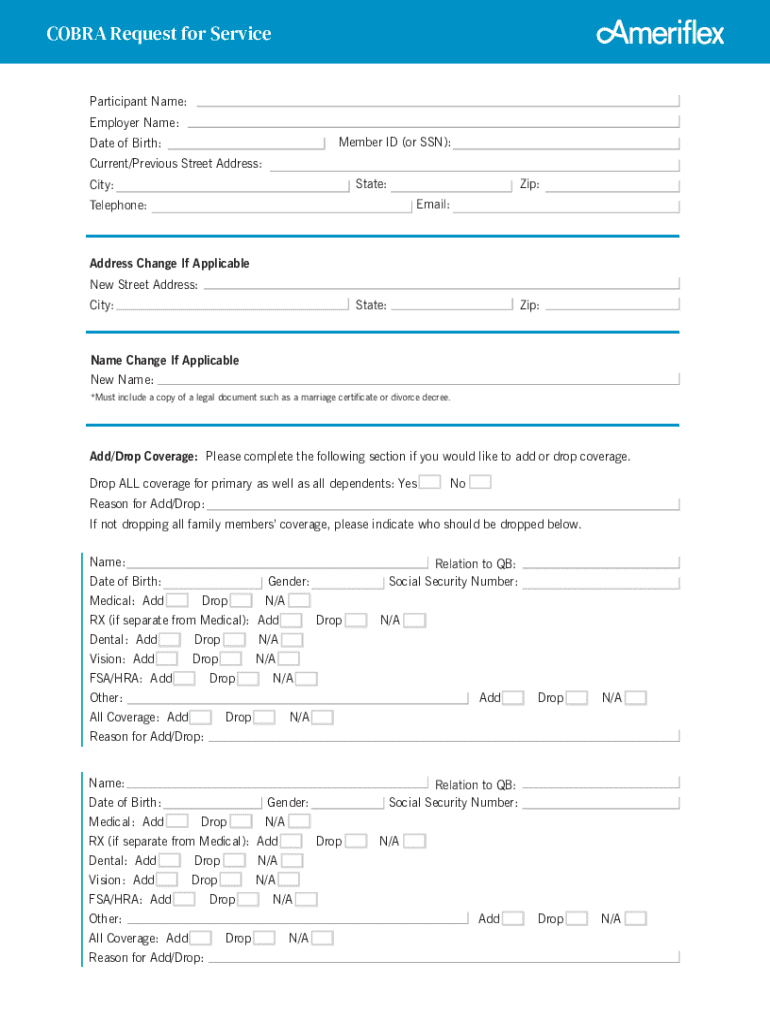 COBRA Request for Service Preview on Page 1
