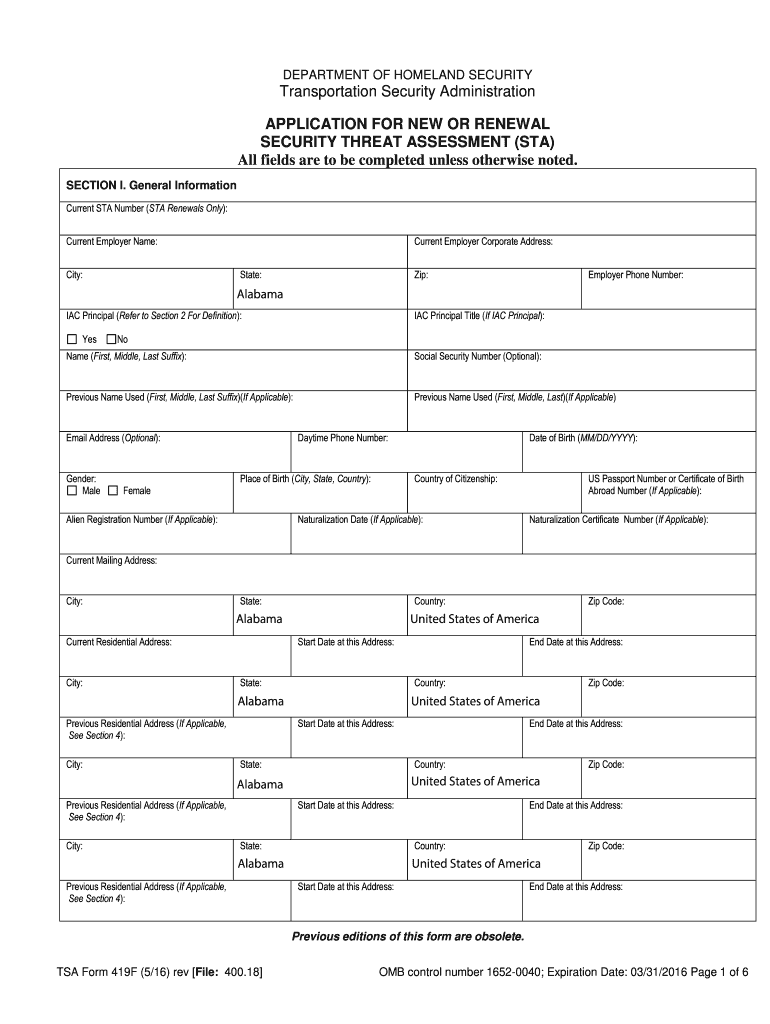 Application For New Or Renewal Security Threat Assessment STA TSA 