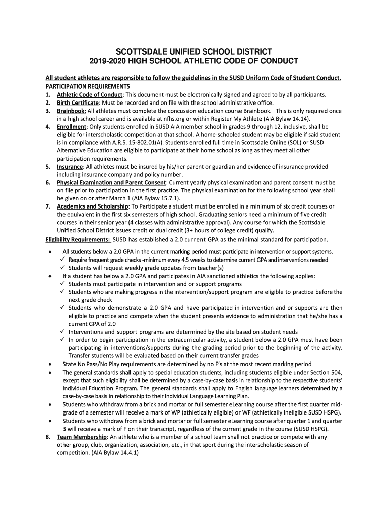 Fillable Online High School Athletic Code of Conduct Scottsdale