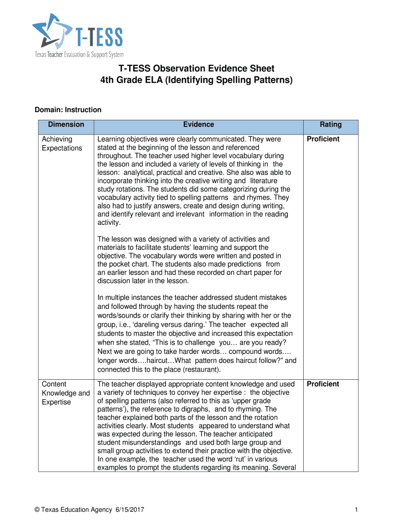 T Tess Observation Evidence Sheet Example Fill And Sign Printable 