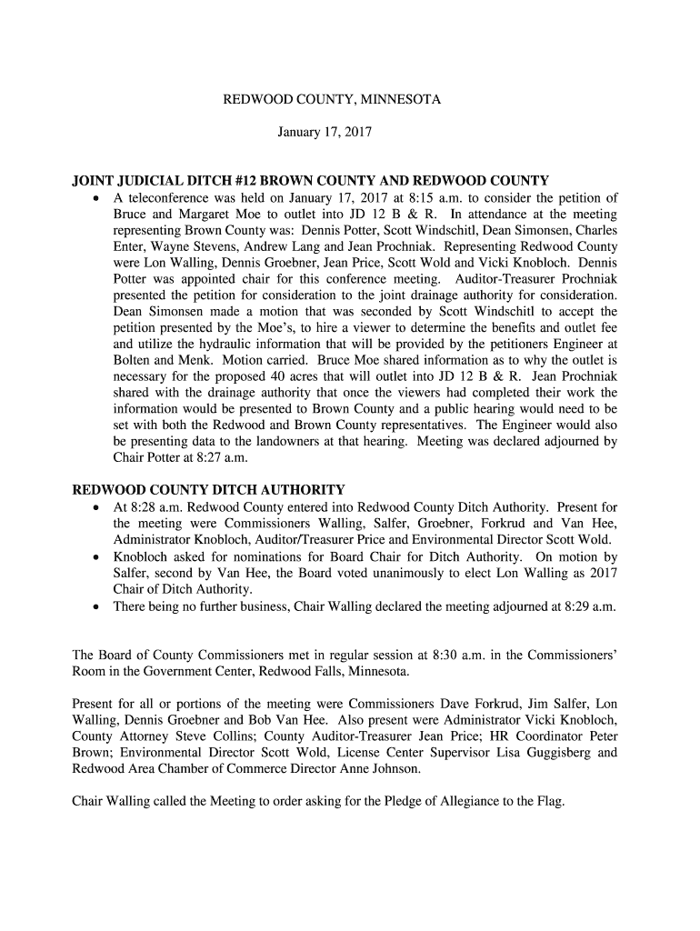 Fillable Online JOINT JUDICIAL DITCH 12 BROWN COUNTY AND REDWOOD