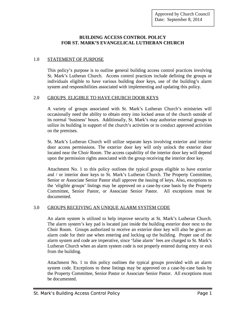 Building Access Control Policy St. Mark's Lutheran Church Doc