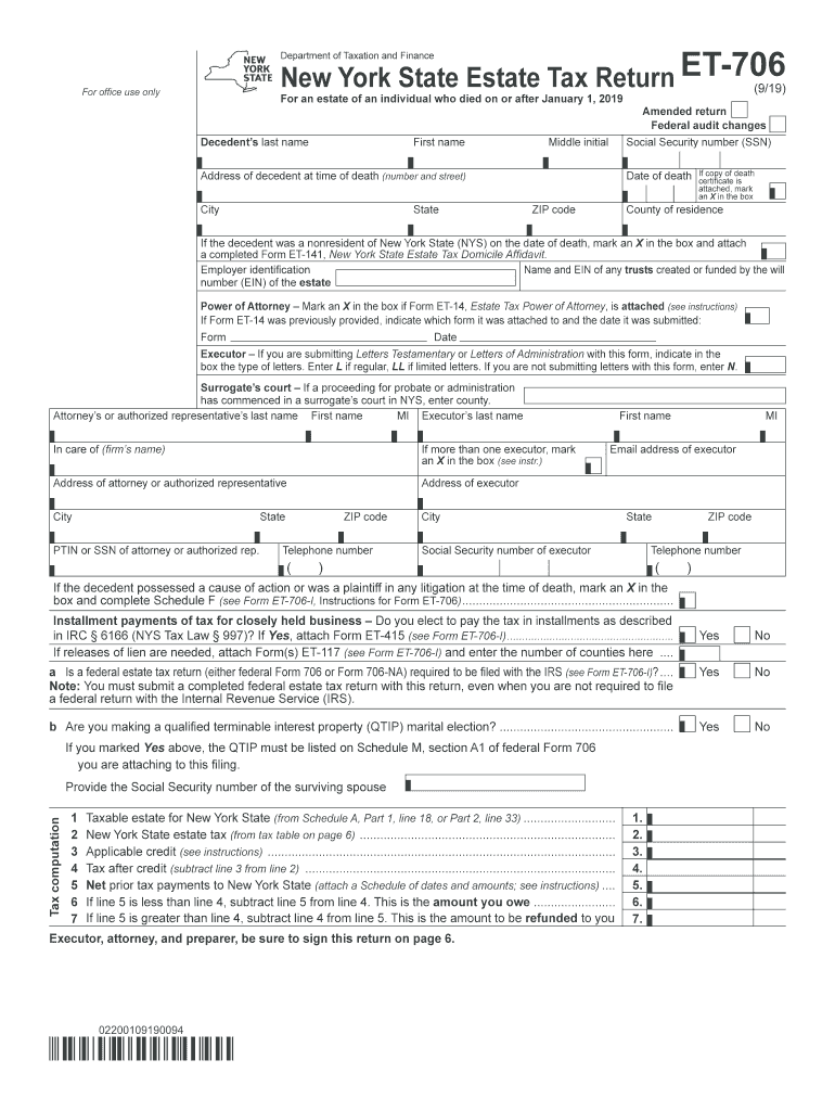 Fillable Online Form ET7069/19New York State Estate Tax Return for an Fax Email Print