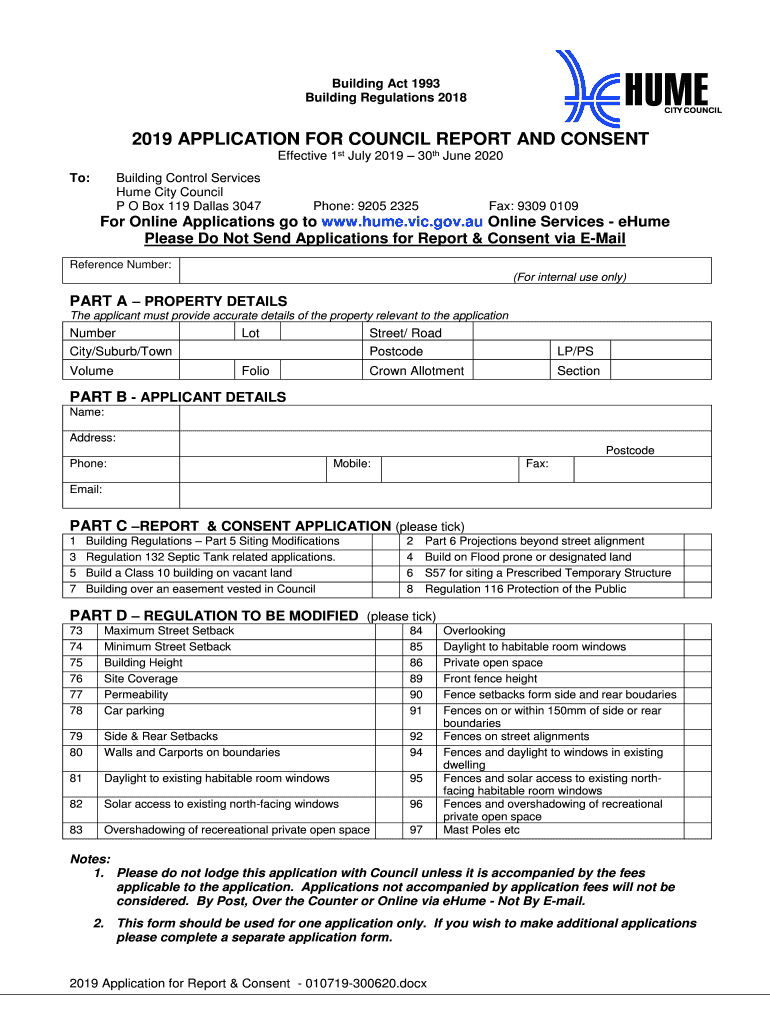 Fillable Online Application for Report and Consent Hume City Council