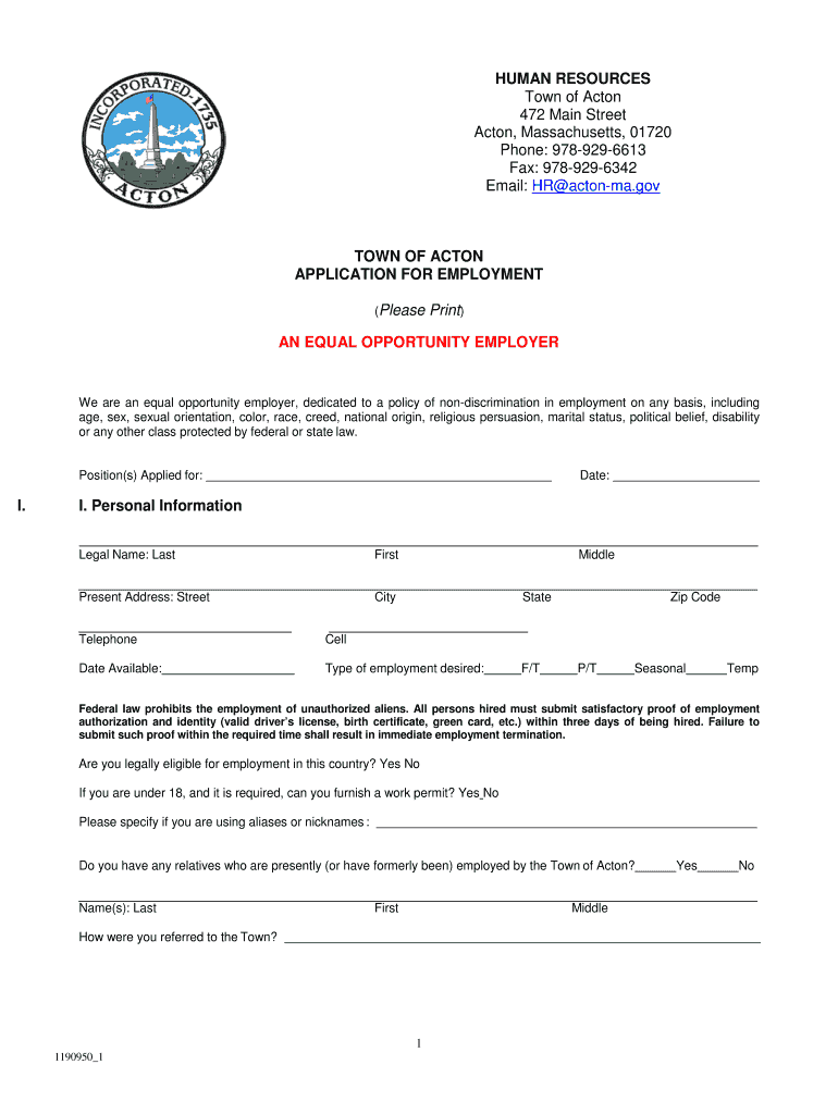 Fillable Online TOWN OF ACTON APPLICATION FOR EMPLOYMENT Fax Email
