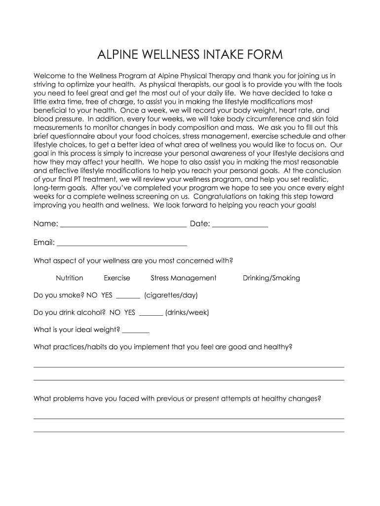Fillable Online alpine wellness intake form Alpine Physical Therapy