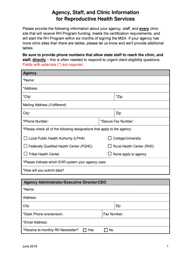 Agency, Staff, and Clinic Information for Reproductive Health Services Preview on Page 1