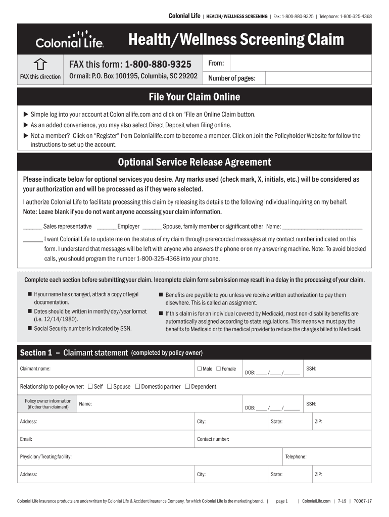 Colonial Life Wellness Claims Fill Out Sign Online DocHub