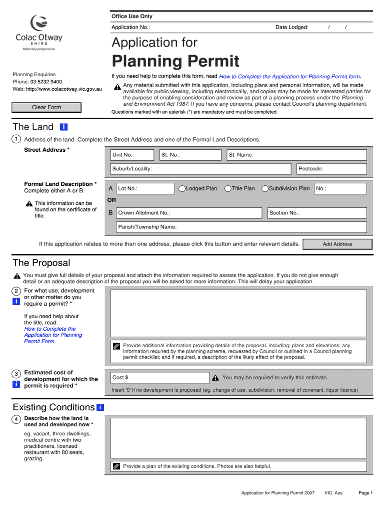 Fillable Online Planning Permit Colac Otway Shire Fax Email Print