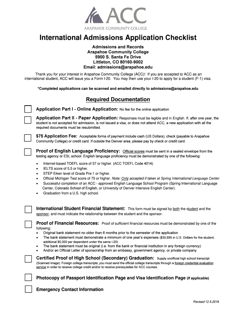 International Admissions Application Checklist - Arapahoe Preview on Page 1