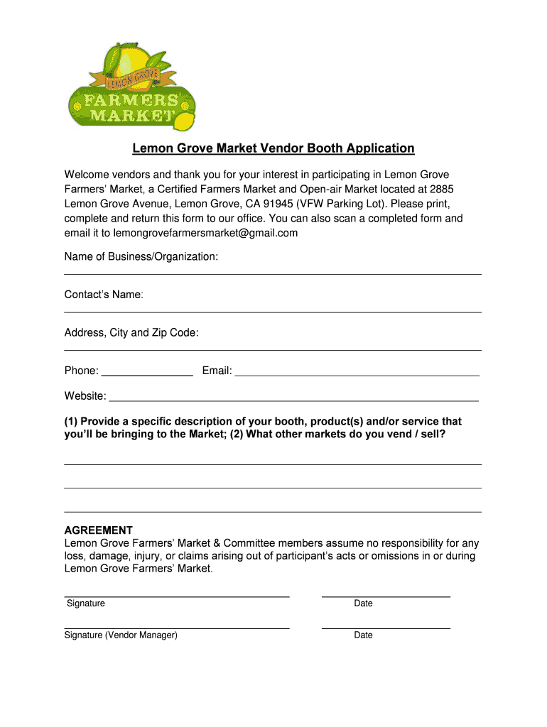 Lemon Grove Market Vendor Booth Application Preview on Page 1