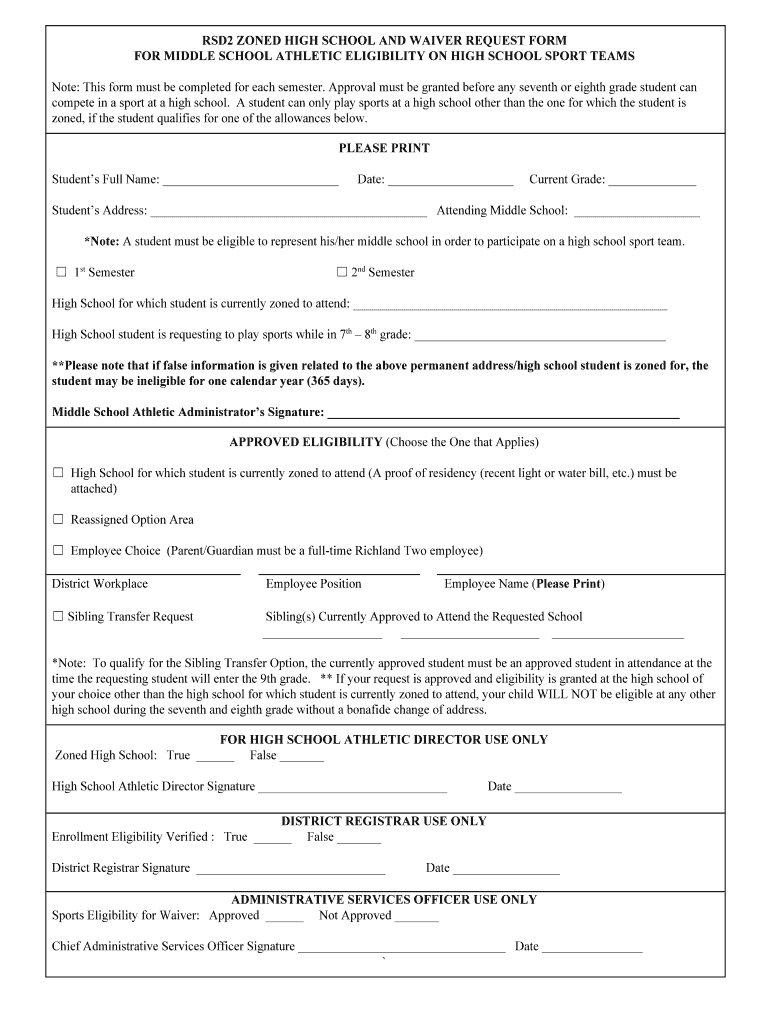 Middle School Eligibility Form for Zoned High School Preview on Page 1