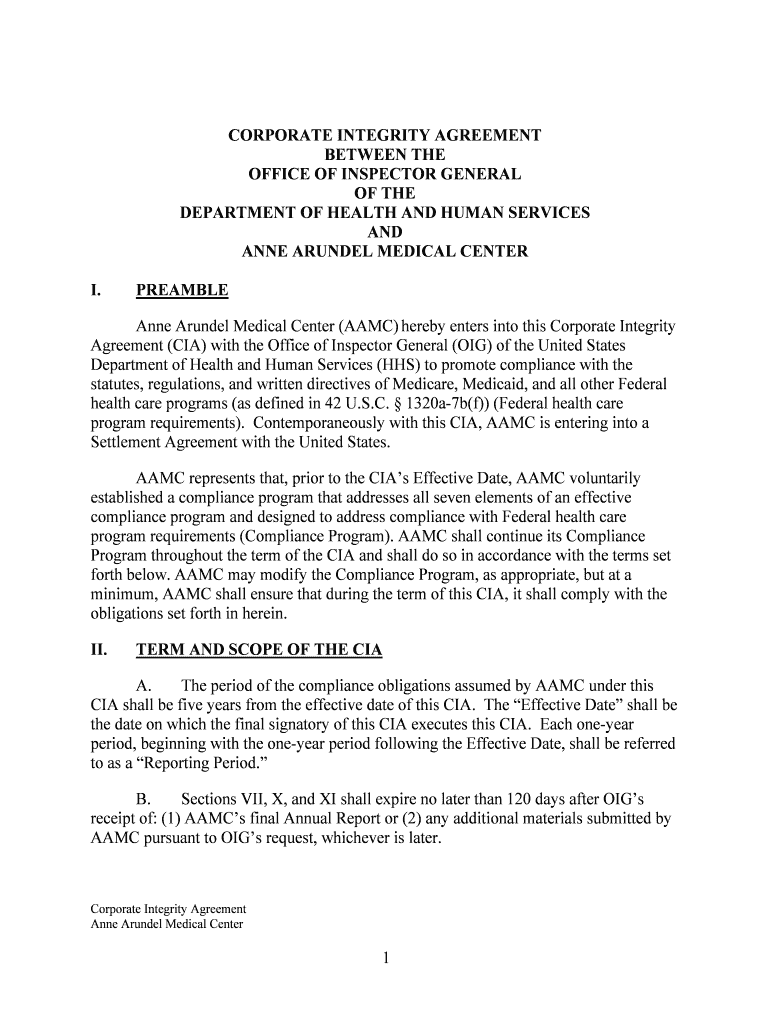 Fillable Online oig hhs Anne Arundel Medical Center Corporate Integrity