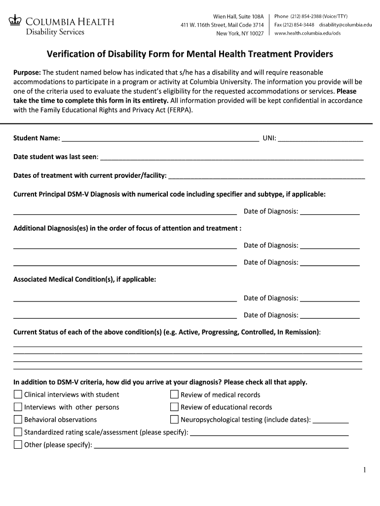 Verification of Disability Form for Mental Health Treatment Providers Preview on Page 1