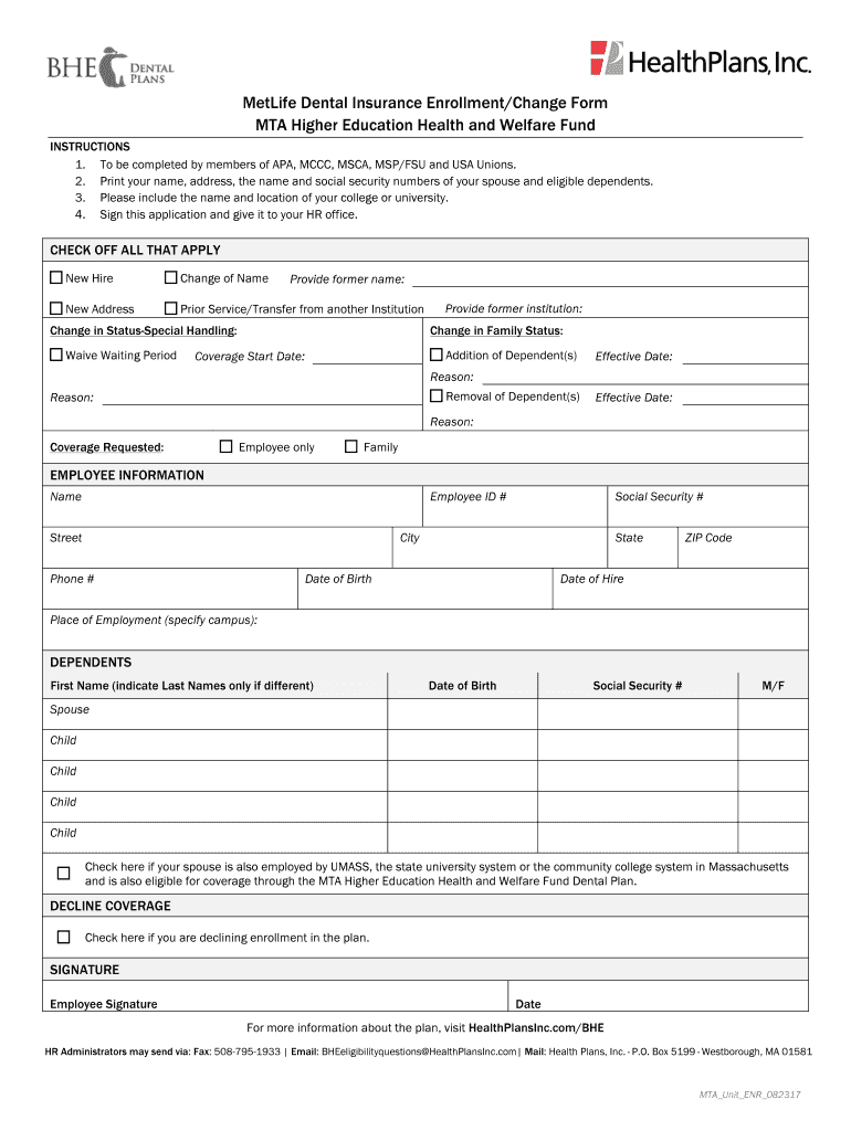 Fillable Online hr umb BHE/MTA MetLife Dental Insurance Enrollment