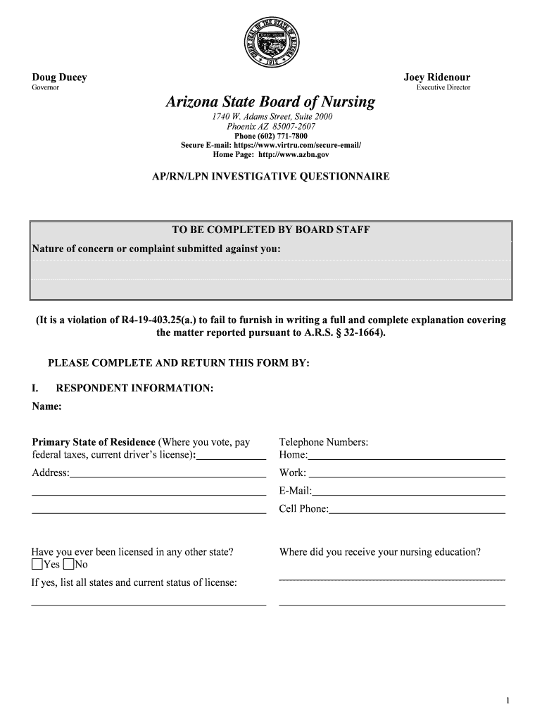 RN-AP-LPN Investigative Questionnaire - Arizona State Board Preview on Page 1