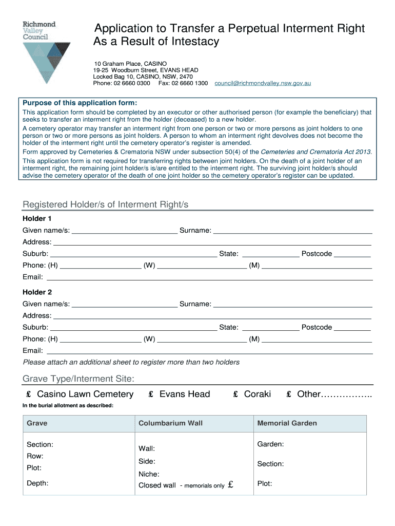Fillable Online Application to Transfer a Perpetual Interment Right As ...