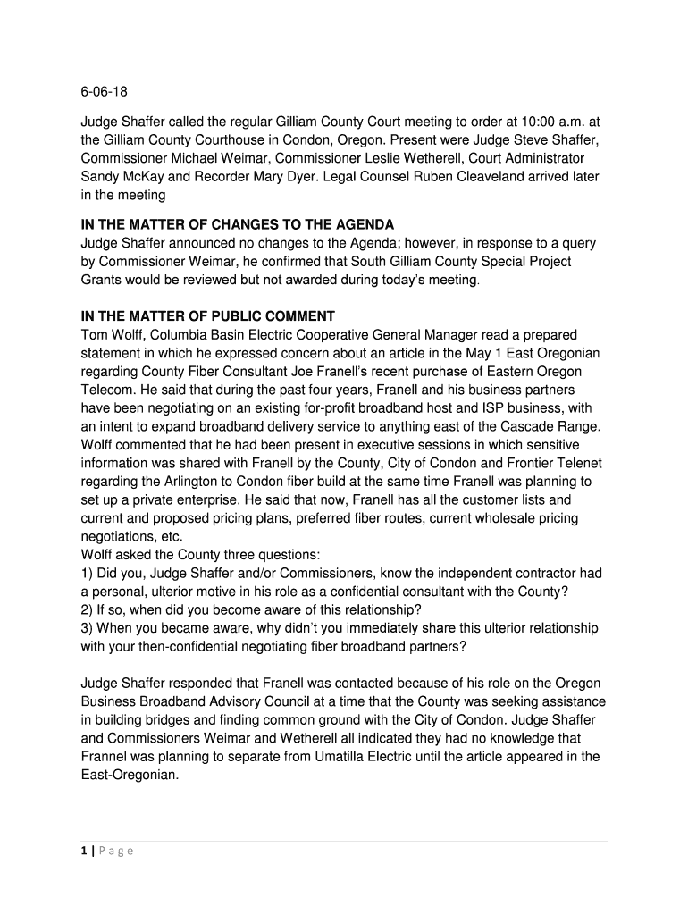 Fillable Online 40418 Judge Shaffer called the regular Gilliam County