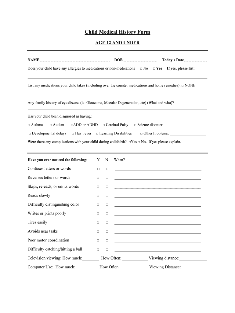 Fillable Online Children Medical History Form.doc Fax Email Print