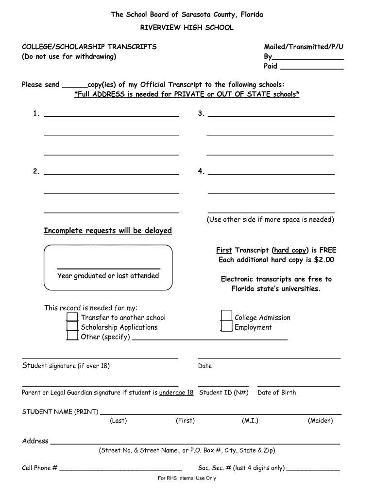 Fillable Online Riverview High School Transcript RequestSarasota, FL Fax Email Print pdfFiller