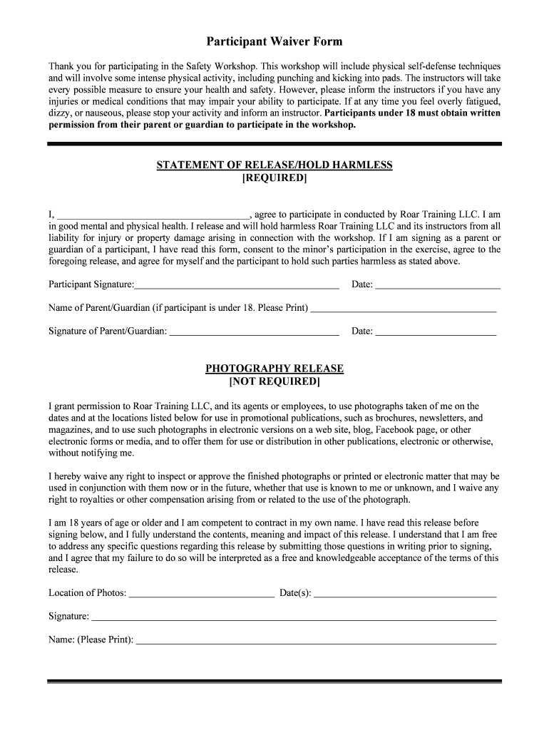 Participant Waiver Form - Train Your Roar! Preview on Page 1