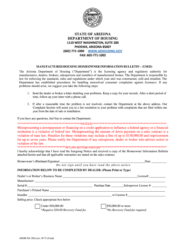 Homeowner Information Bulletin - Arizona Department of Preview on Page 1