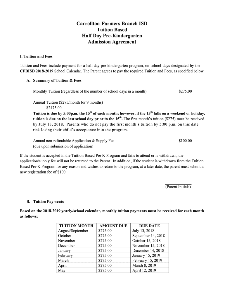 CFBISD PreK Half Day Admission Agreement 17-18 (English) Preview on Page 1