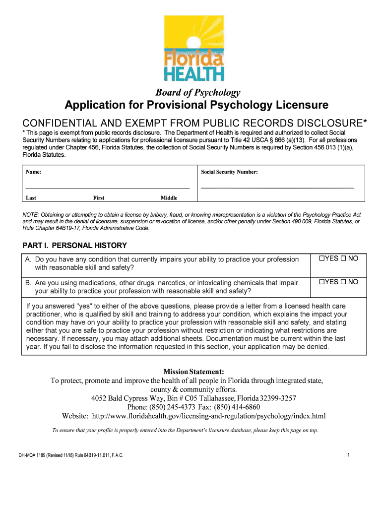 Fillable Online Application for Psychologist Limited Licensure Florida Board Fax Email
