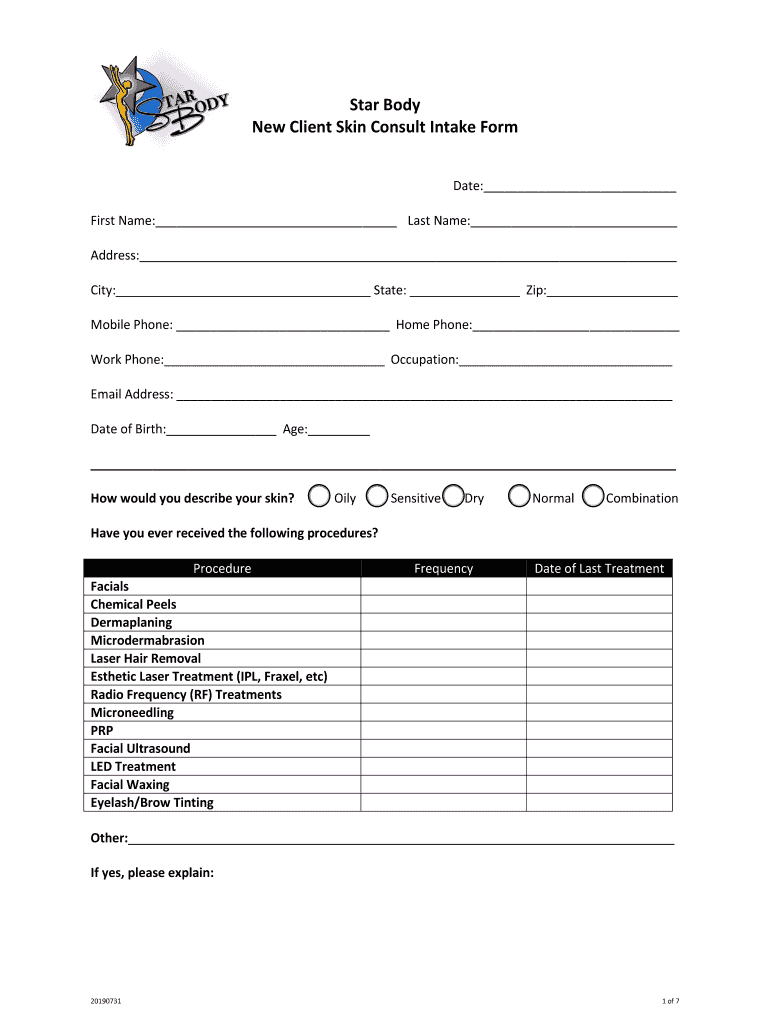 Star Body New Client Skin Consult Intake Form Preview on Page 1