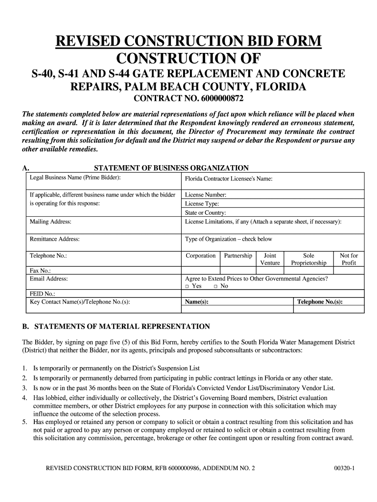 Fillable Online my sfwmd REVISED CONSTRUCTION BID FORM CONSTRUCTION OF