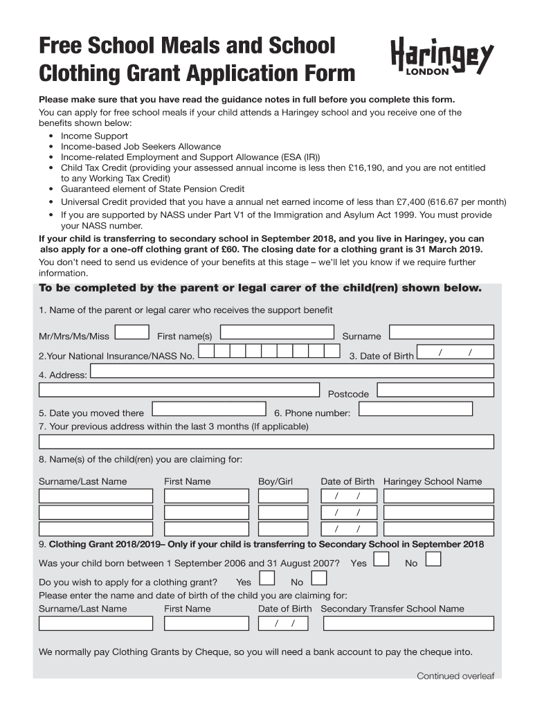 Fillable Online School Clothing Grant and Free School Meals application