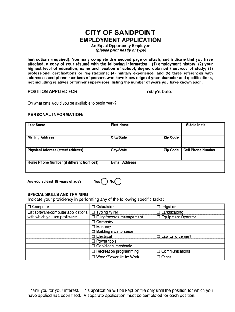 Fillable Online city of sandpoint employment application Fax Email